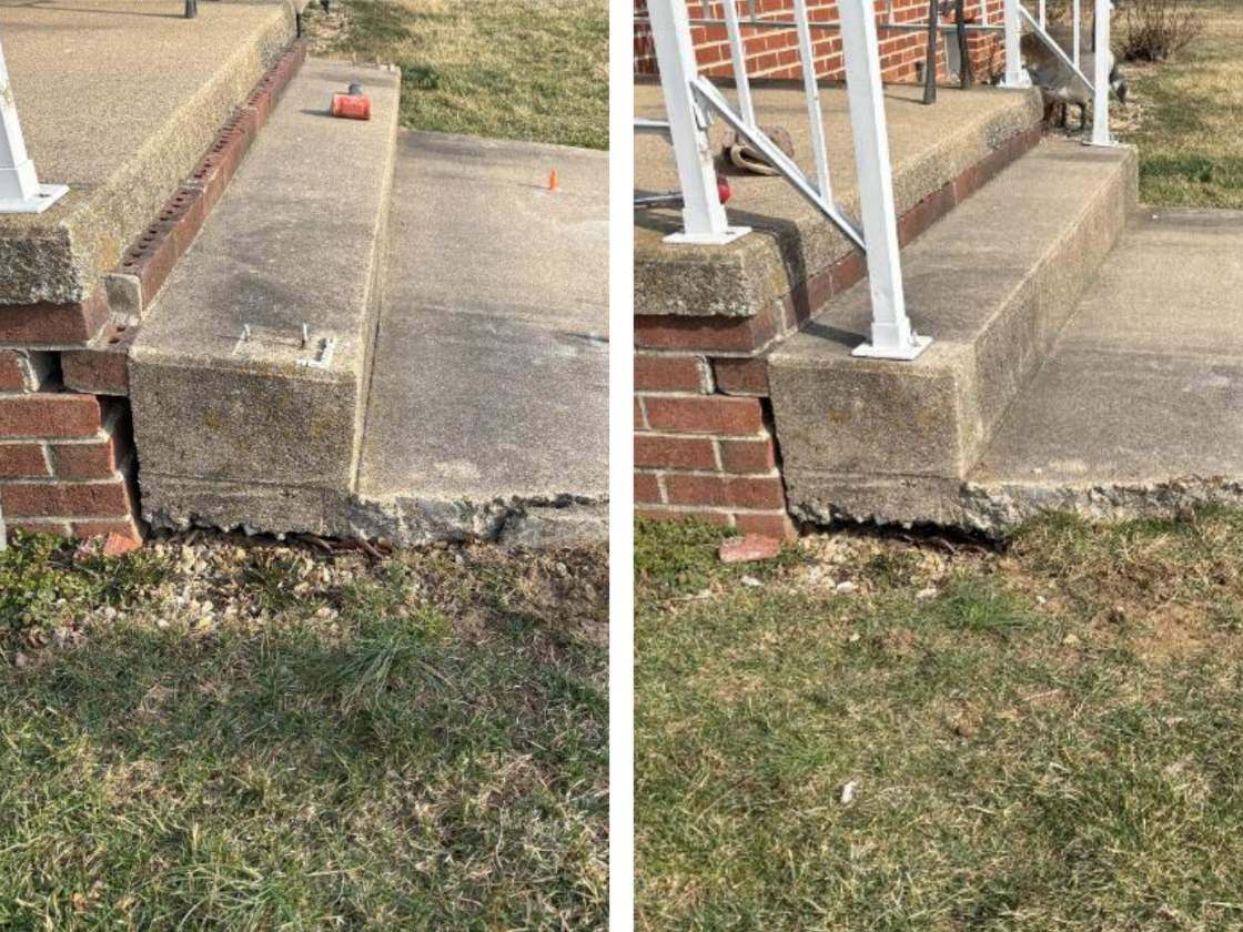 The before and after images of concrete stairs repaired with polyjacking.