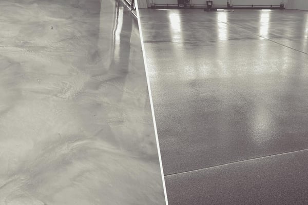 A collage comparing metallic epoxy (left) and quartz epoxy (right).