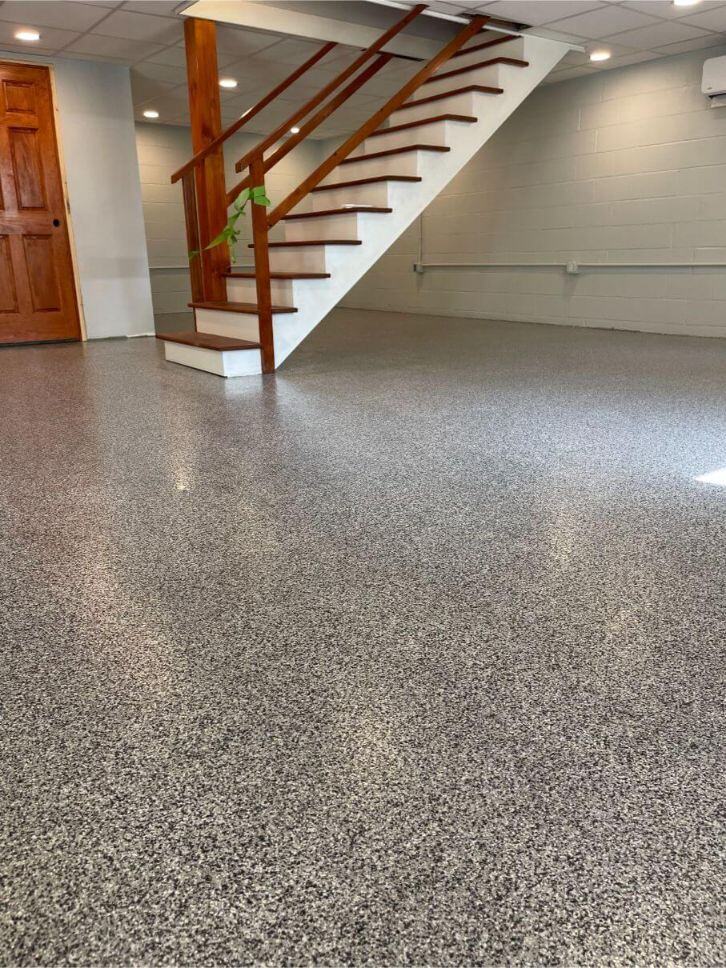 A house basement in Huntingdon, PA, coated with a paint chip epoxy flooring.