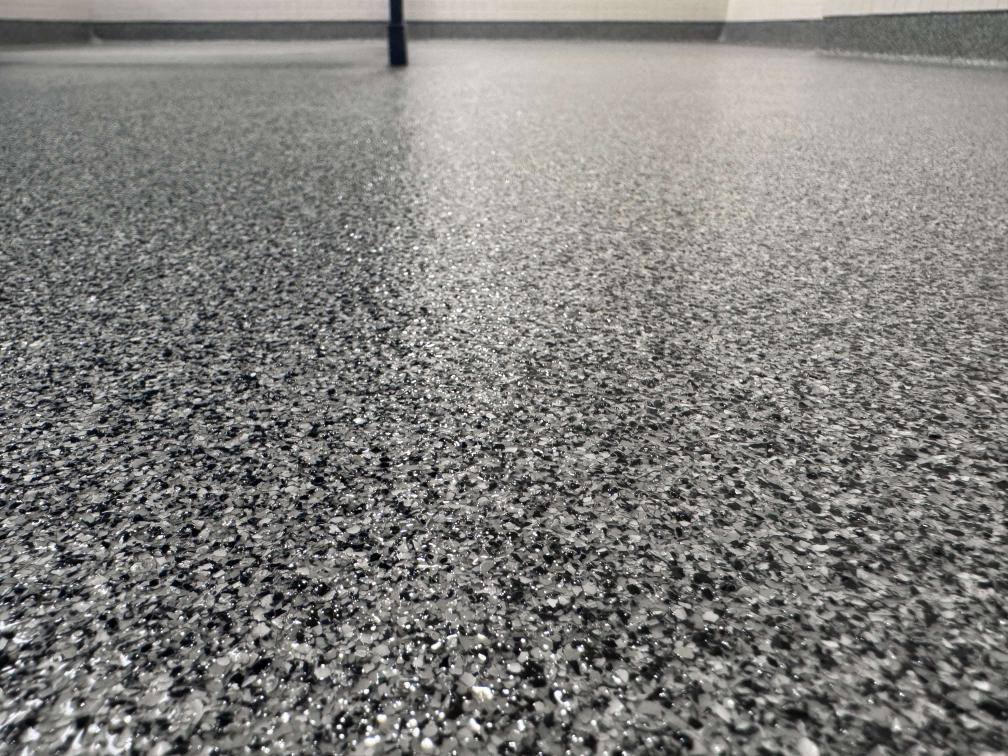 A paint chip epoxy floor in Mercersburg, Pennsylvania. Installed by Elite Floor Coatings.