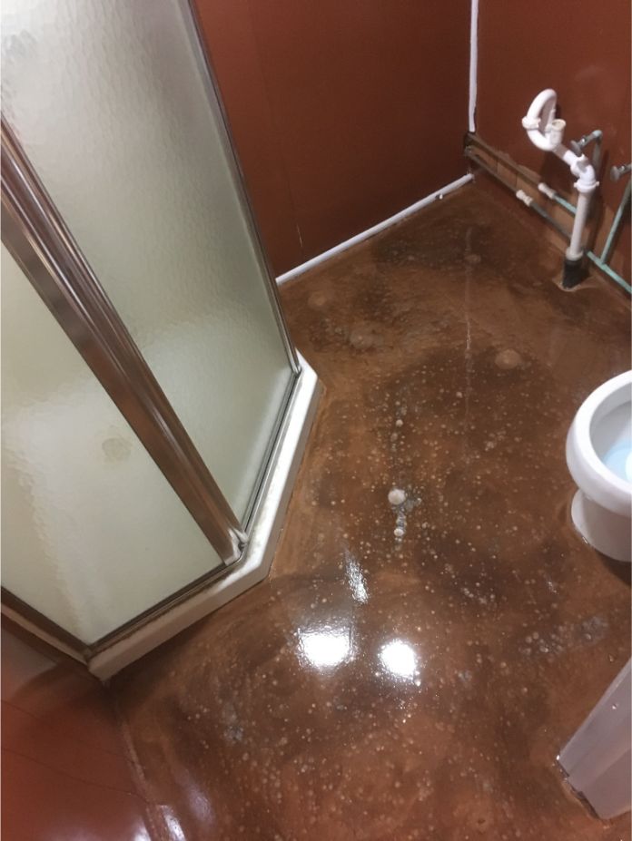 A bathroom basement in Waynesboro, with a metallic epoxy coating on the floor.