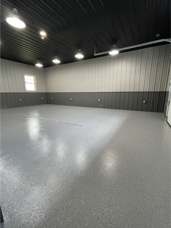 The floor of a garage in St Thomas, PA, coated with paint chip epoxy.