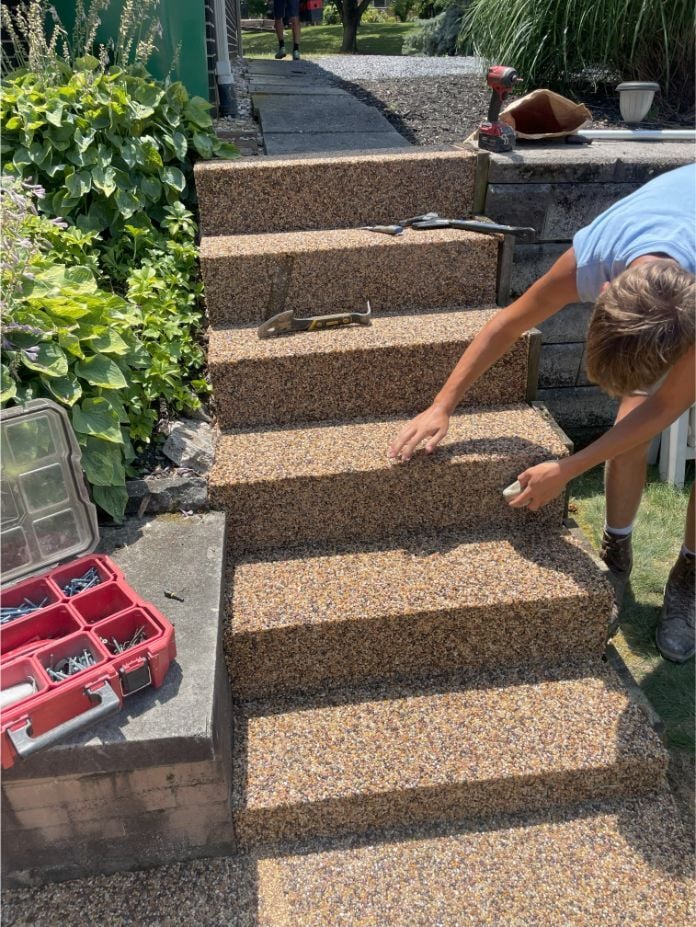 Stairs coated with river rock epoxy in Chambersburg, Pennsylvania.