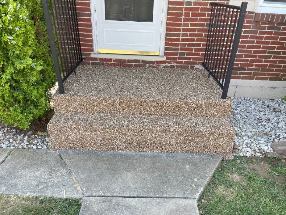 Stairs coated with river rock epoxy at a home in Hagerstown, Maryland.