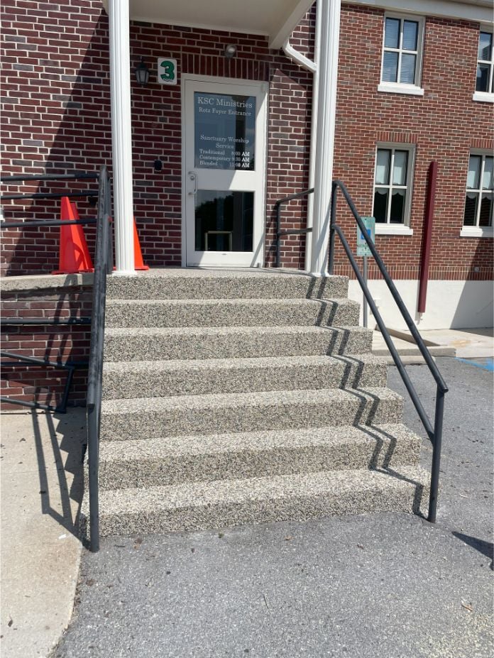 Stairs at a church in Chambersburg, PA, coated with river rock epoxy.
